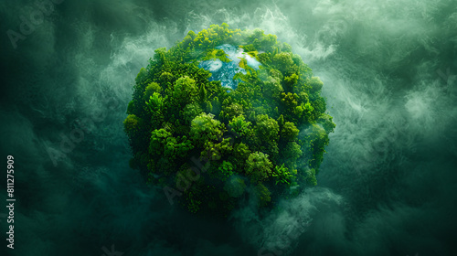 A green planet in the middle of a cloudy sky. photo