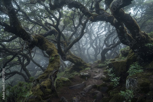 A path leads through a dense forest filled with numerous trees on a misty morning, A misty morning hike through a mystical forest filled with ancient trees