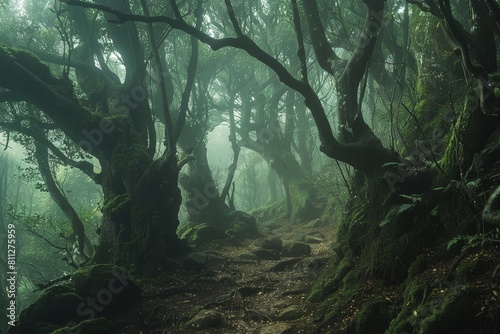 A misty morning path winds through a dense forest filled with numerous towering trees  A misty morning hike through a mystical forest filled with ancient trees