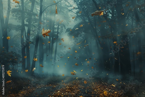 A dense fog blankets a forest filled with numerous golden leaves on a misty morning, A misty morning in the forest with golden leaves falling