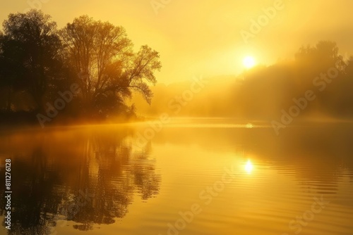 The sun sets with golden hues over a still lake, creating a tranquil scene, A misty morning sunrise casting a golden glow on a tranquil lake