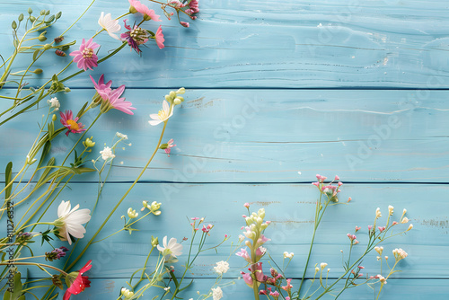Wildflowers on light blue shabby wooden background for mockup. Painted teal old rustic wooden table with wild flowers. Top view, flat lay. Abstract texture with copy space for banner, mockup,