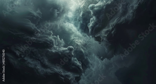 Dark clouds, danger and sky with storm, natural disaster and typhoons with wallpaper, weather and abstract. Smoke, threat and dramatic with atmosphere, explosion and pollution from chemical accident