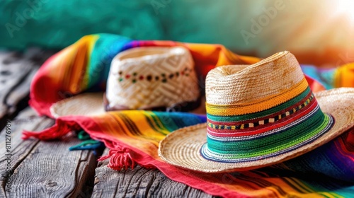Vibrant Mexican sombreros on rustic wooden surface surrounded by colorful sarape blankets