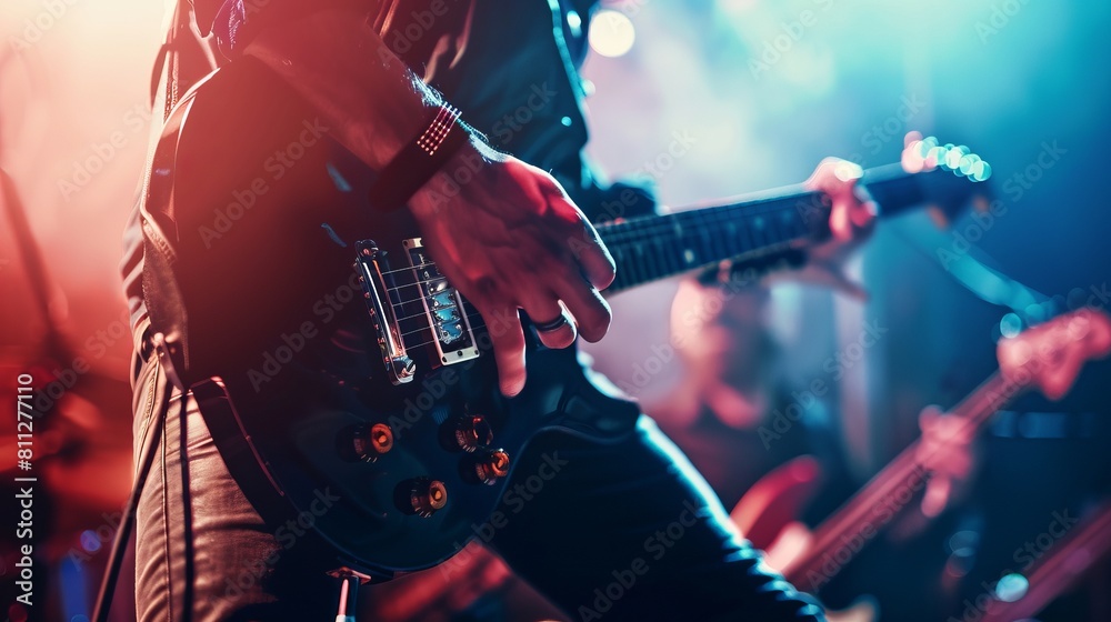 Obraz premium Close up of man's hands playing guitar on stage at concert