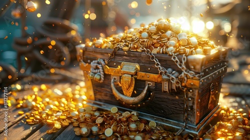3D render of a pirate treasure chest overflowing photo