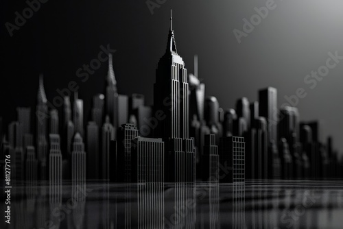 A black and white view of a modern city skyline featuring towering skyscrapers and urban architecture  A modern interpretation of the iconic Empire State Building standing tall in the cityscape