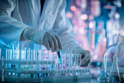 Photo of a scientist in a white lab coat and gloves working with test tubes on a table  macro shot of a medical background.