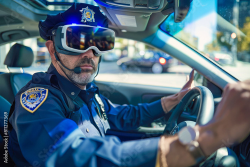 Policeman in VR goggles patrols the city sitting in police car,close up.City safety concept. © JuLady_studio