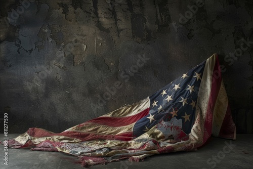 Draped Antique American Flag on Textured Background
