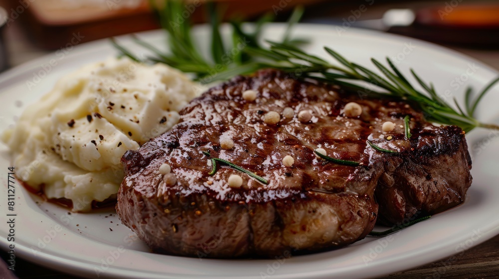 American cuisine. Beef steak with rosemary and mashed white beans. American cuisine. Beef steak with rosemary and mashed white beans.