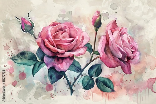 Rosen mit Knospen in Pink, mit Blättern und Dornen, gemalt mit Aquarellfarben, Liebe, Valentinstag