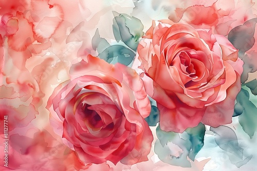 zwei rosa rote Rosen, gemalt mit Aquarellfarben, Liebe, Valentinstag, Hochzeit, Grußkarte, Postkarte