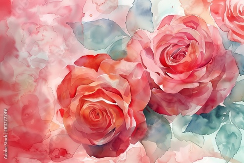 zwei rosa rote Rosen, gemalt mit Aquarellfarben, Liebe, Valentinstag, Hochzeit, Grußkarte, Postkarte