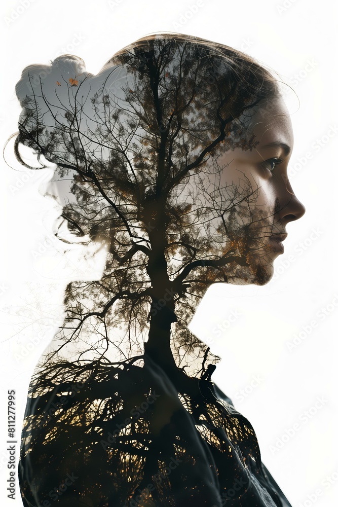 double exposure of a woman and roots of a tree, white background, family tree concept