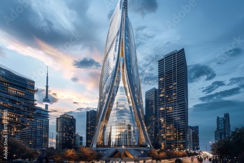 A very tall  modern building with a unique shape towering over the cityscape  A modern skyscraper with a unique shape and glass facade