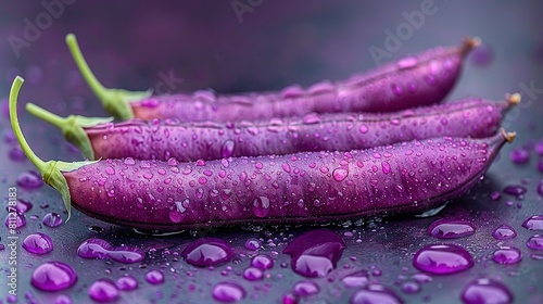   A few purple peas sat on a purple surface, with raindrops covering the table photo