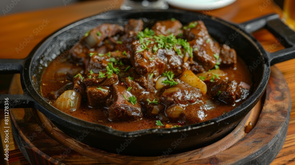 American cuisine. Beef stew in beer with onions. 