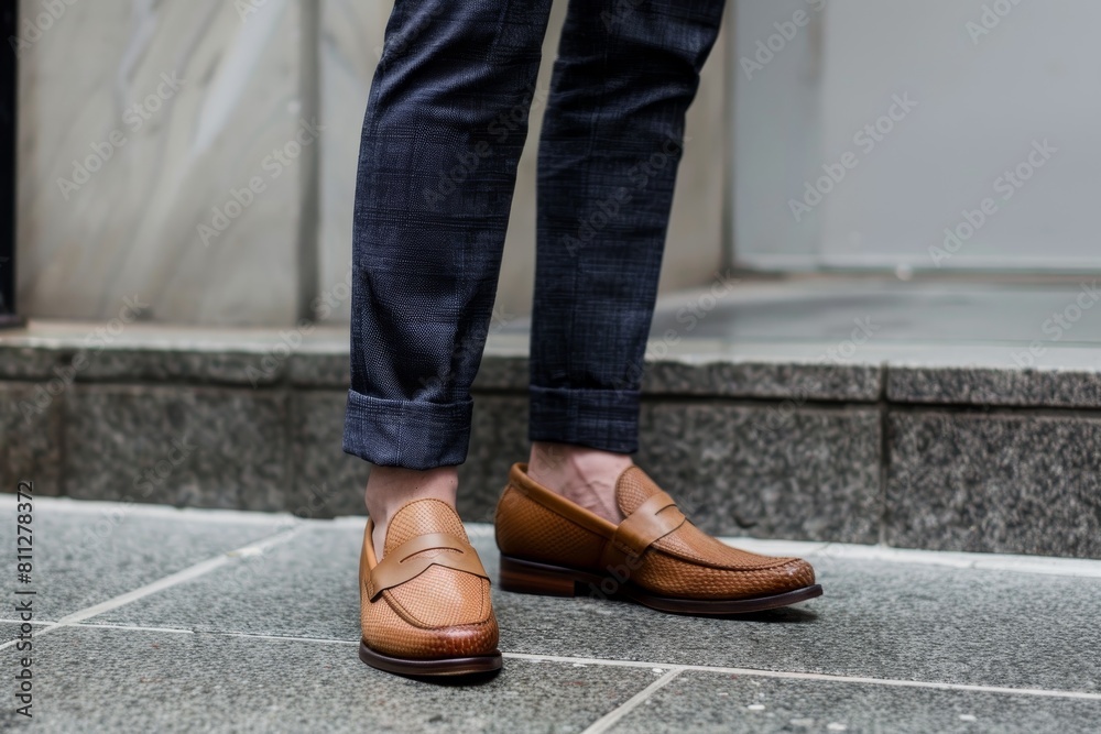 A person standing and wearing a pair of stylish brown shoes, A modern twist on traditional business attire, with a sleek blazer and a pair of trendy loafers A person standing and wearing a pair of stylish brown shoes, A modern twist on traditional business attire, with a sleek blazer and a pair of trendy loafers