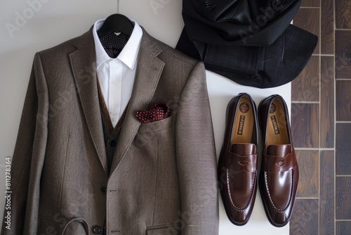 A brown suit and a pair of brown shoes are neatly displayed, A modern twist on traditional business attire, with a sleek blazer and a pair of trendy loafers