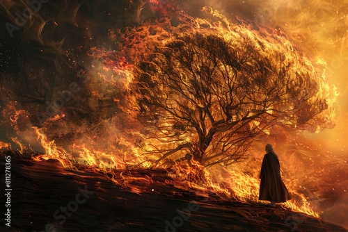 A man is standing next to a tree on top of a hill, A modern twist on the story of Moses and the burning bush photo