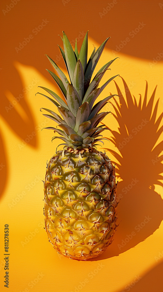 A ripe pineapple displayed on an orange background, captured in a simplistic photography style. The golden hues of the pineapple contrast beautifully with the warm tones of the backdrop. 