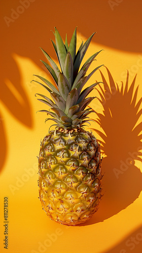 A ripe pineapple displayed on an orange background  captured in a simplistic photography style. The golden hues of the pineapple contrast beautifully with the warm tones of the backdrop. 