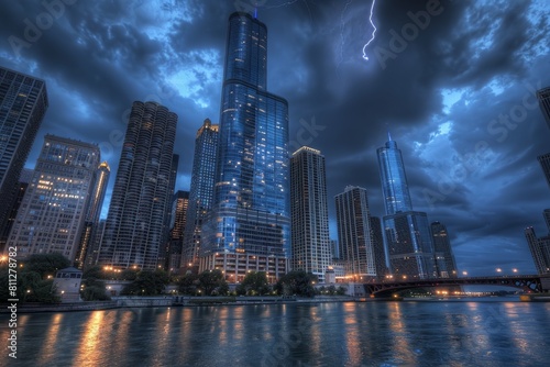 A city skyline under a stormy sky with a bright lightning bolt striking in the background, A moody city skyline under a stormy sky, with lightning illuminating the towering buildings