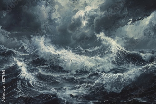 Painting of dark storm clouds looming over turbulent ocean waves, A moody depiction of storm clouds gathering over turbulent waters, hinting at an impending tempest