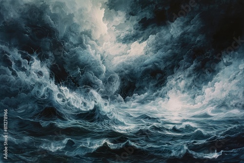 A painting capturing a tumultuous storm brewing over the churning ocean waves  A moody depiction of storm clouds gathering over turbulent waters  hinting at an impending tempest
