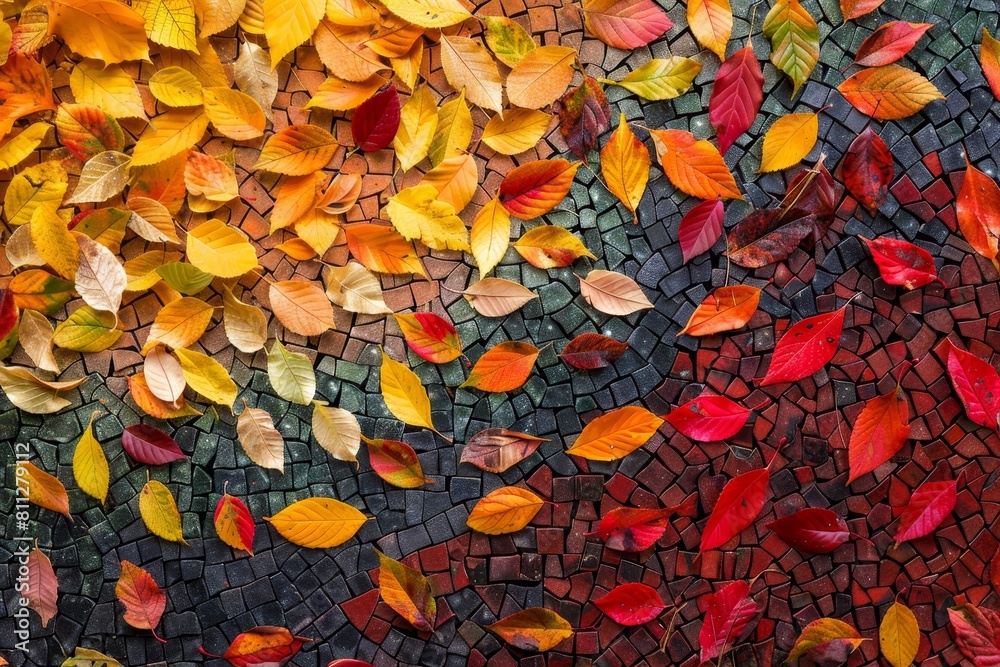 Mosaic design featuring vibrant autumn leaves creating a colorful pattern, A mosaic of autumn leaves creating a natural work of art Mosaic design featuring vibrant autumn leaves creating a colorful pattern, A mosaic of autumn leaves creating a natural work of art