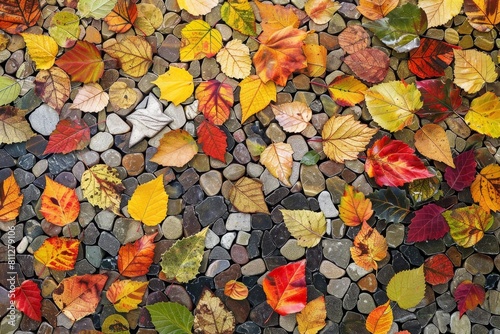 Collection of autumn leaves scattered and resting on top of rocks in a natural arrangement, A mosaic of autumn leaves creating a natural work of art © Iftikhar alam