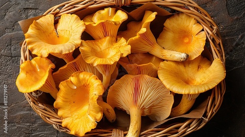  A wooden table holds a basket brimming with yellowish mushrooms beside a dark-toned stone wall and a sharp knife