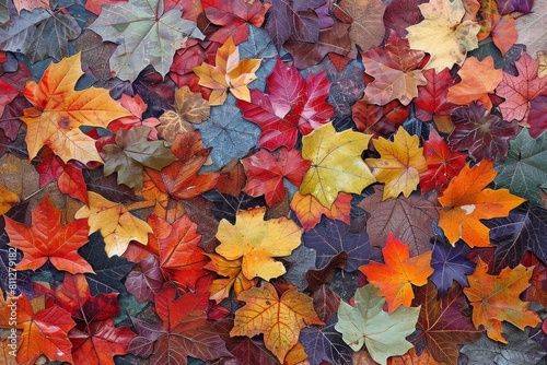 A cluster of multicolored autumn leaves spread out on the ground in a natural display  A mosaic of autumn leaves creating a natural work of art