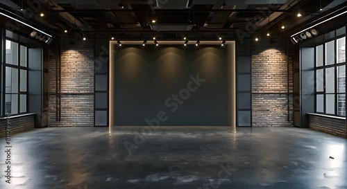 Creating a D visualization of an unoccupied photo studio with black backdrop and brick wall. Concept Photography Studio, Interior Design, 3D Visualization, Black Backdrop, Brick Wall photo