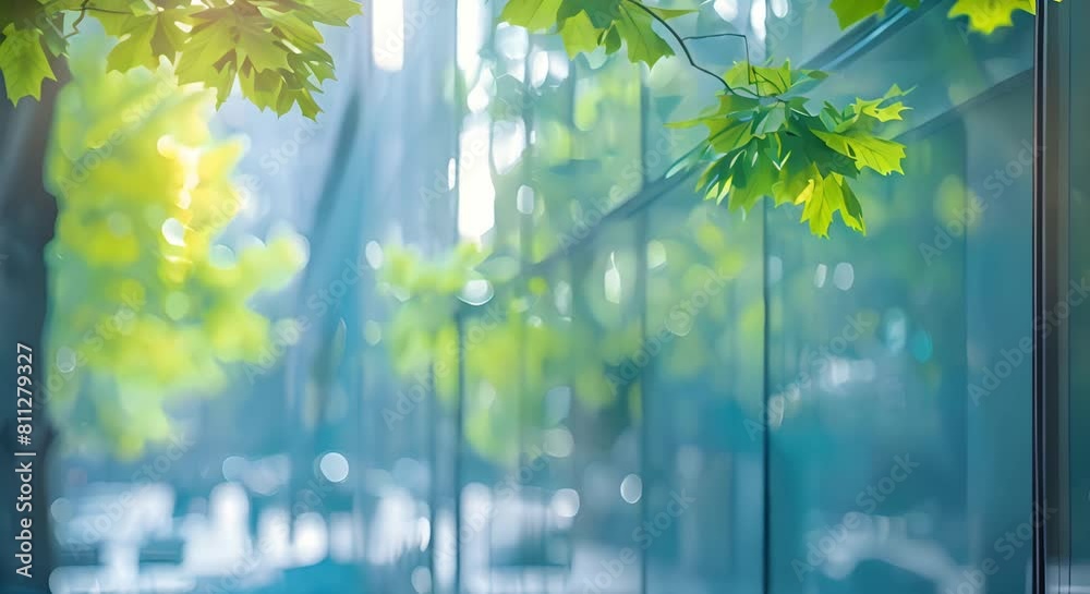 Blurry office building background with people green trees sunlight ecofriendly concept. Concept Office Building, Blurry Background, Green Trees, Sunlight, Eco-Friendly Concept
