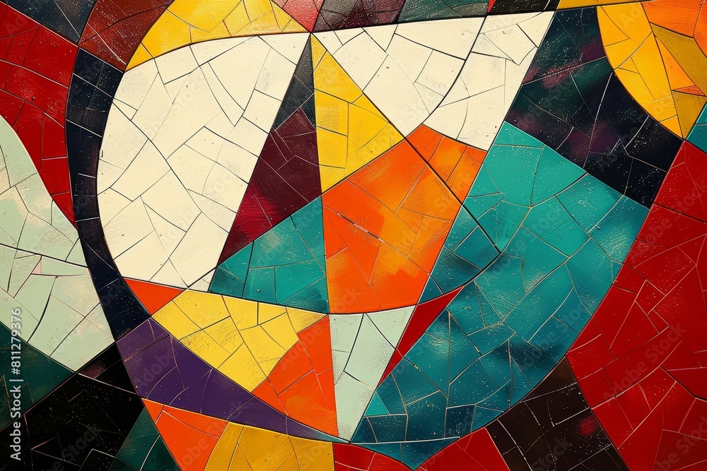 Obraz premium Close-up view of a painting displaying a mosaic of vibrant colors and various shapes, A mosaic of colors and shapes symbolizing the fast-paced nature of basketball