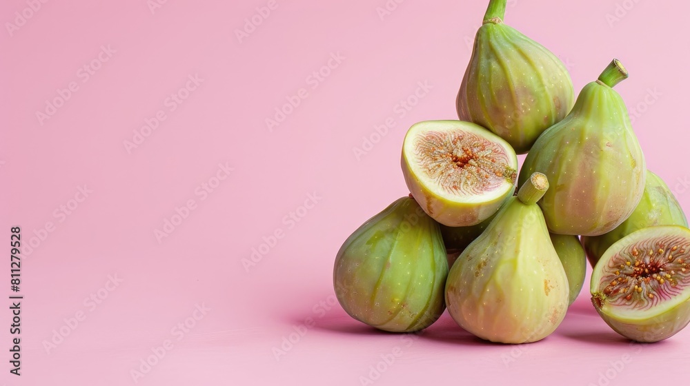 Green figs stacked on a pink backdrop with room for text Green figs stacked on a pink backdrop with room for text