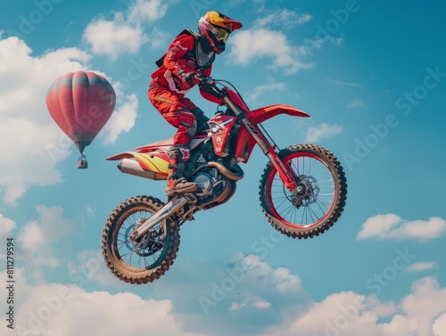 A motorcross rider jumping in the air, with his bike and wearing red and yellow gear, sky blue background with white clouds. An hotair balloon is floating nearby against the sky