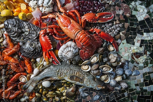 Close up of mosaic artwork featuring lobsters and clams in vivid colors and detailed patterns, A mosaic-style composition showcasing the intricate textures of different types of seafood