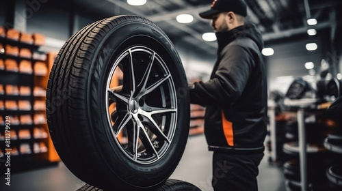 Mechanic Examining New Tire at Auto Service Shop photo