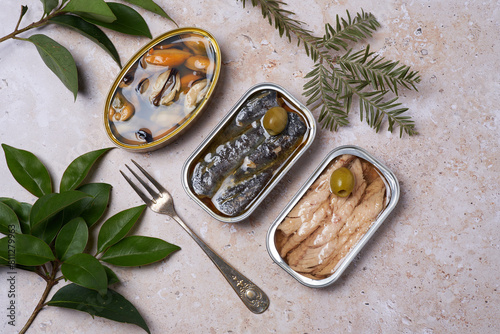 Cans of canned sardines, mackerel and mussels