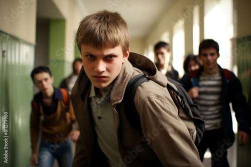 Teenage Boy with Backpack in School Hallway Looking Determined