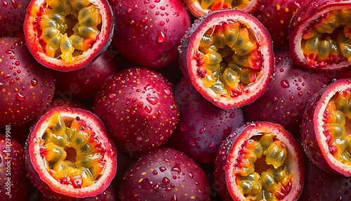 Passion fruit background. Ripe passion fruit with water drops.
