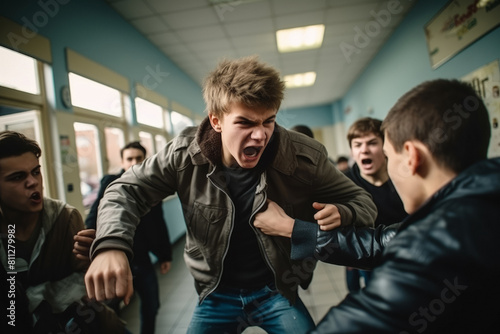 Aggressive Teenage Boy Bullying in School Corridor Surrounded by Peers photo