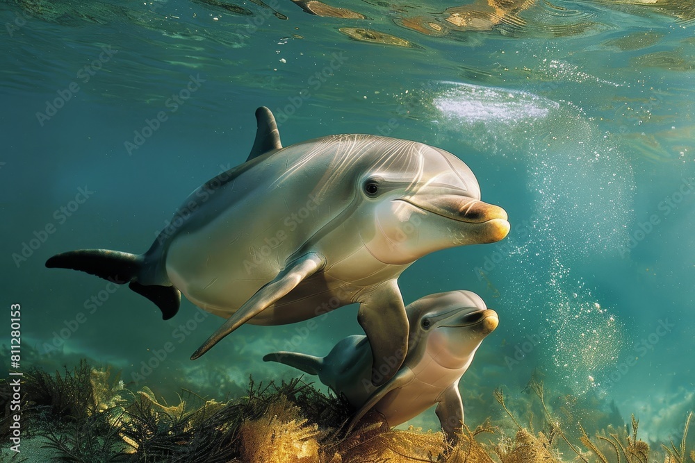 Fototapeta premium A mother dolphin and her baby gracefully swim together in the ocean, A mother dolphin gently nudging her calf