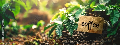 Tag with the inscription coffee on a coffee plantation. Selective focus.