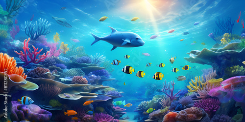 A wonderfull  tropical underwater scene with a coral reef and a large group of fish swimming under it Underwater Wonders  