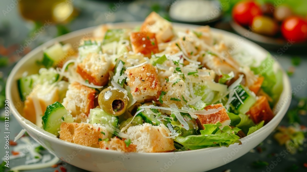 American cuisine. Caesar salad with cucumbers and olives. American cuisine. Caesar salad with cucumbers and olives.