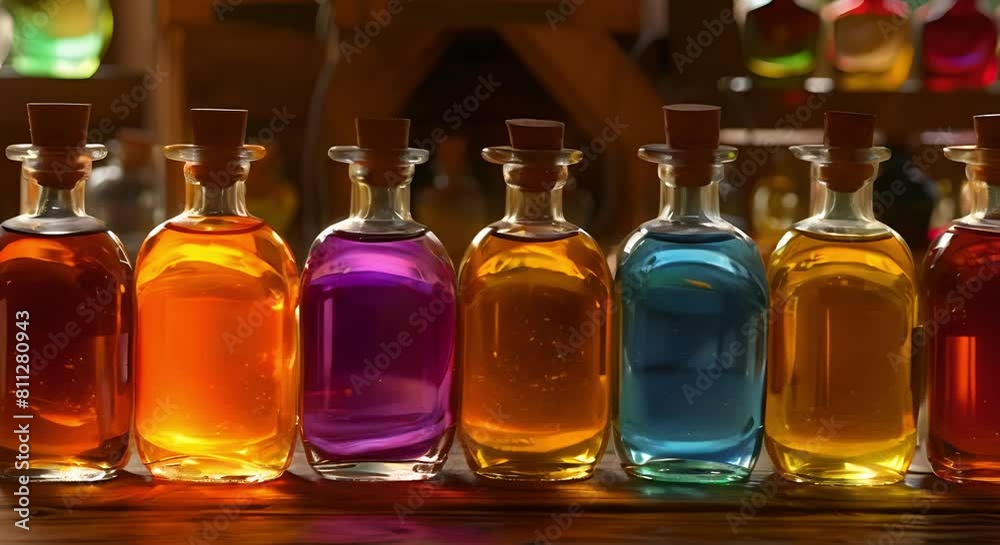 Assorted oils in bottles on a table. Concept Still life photography, Bottle photography, Food and drink, Kitchen essentials, Home decor